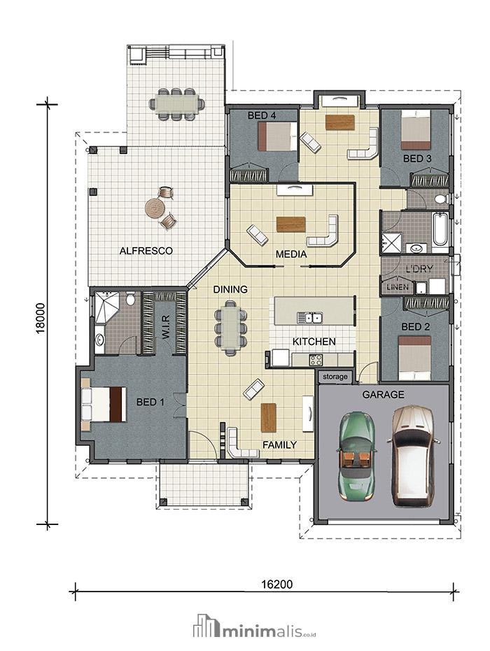 denah rumah sederhana 1 lantai